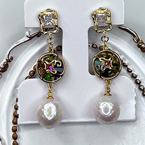 Pearl Jewelry - Handmade Freshwater Carved Edison Pearl Crystal S925 SS Posts Earrings